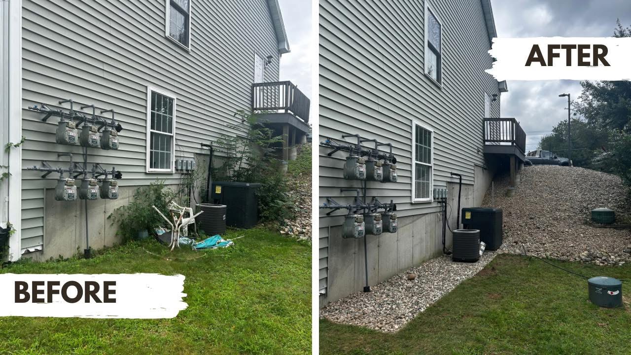 Before and after drainage and stone bed installation alongside a home
